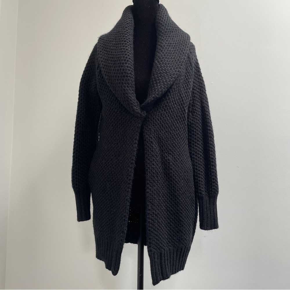 Max Studio Alpaca Wool Blend Open Cardigan Black Textured Chunky Knit Sweater S